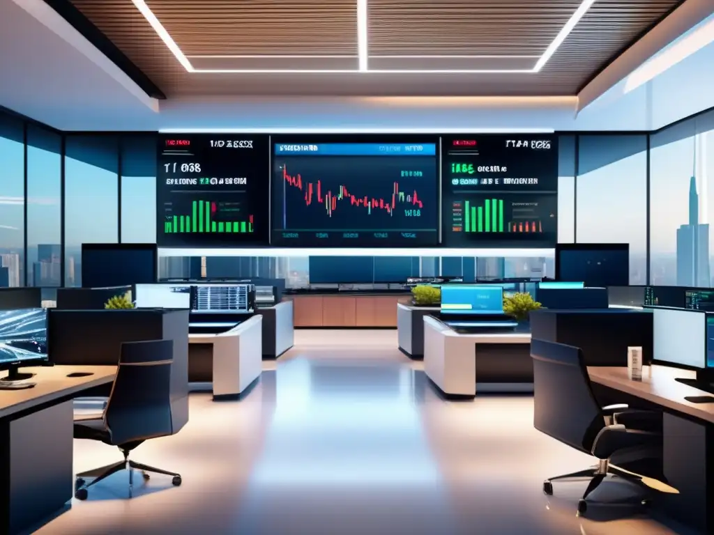 Trading floor moderno lleno de tecnología Sala de trading moderna y sofisticada con traders en trajes analizando gráficos y tomando decisiones de inversión estratégicas