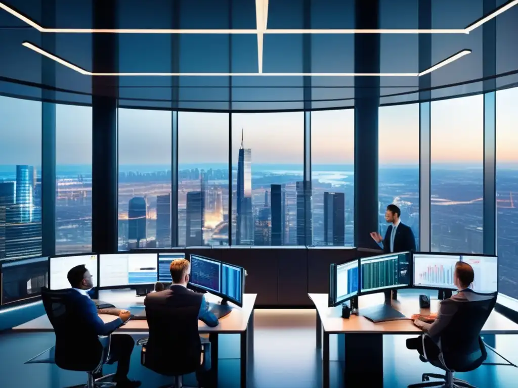 Sala de trading moderna y dinámica Sala de trading moderna con tecnología avanzada, traders analizando datos y tomando decisiones de inversión