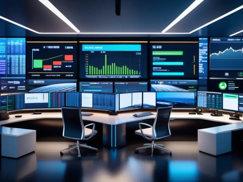 Sala de trading moderna y sofisticada Sala de trading moderna con traders analizando gráficos y datos financieros en monitores