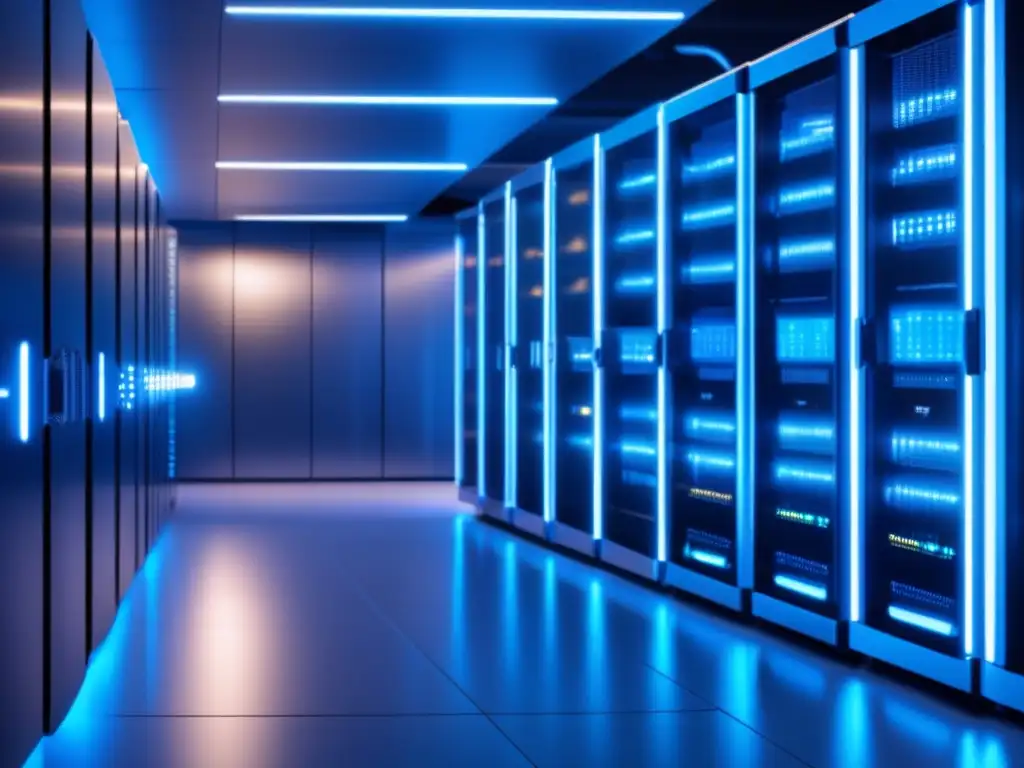 Seguridad en sala de servidores criptográficos Sala de servidores ultradetallada 8k con gabinetes metálicos y luces parpadeantes, asegurando la seguridad en criptomonedas