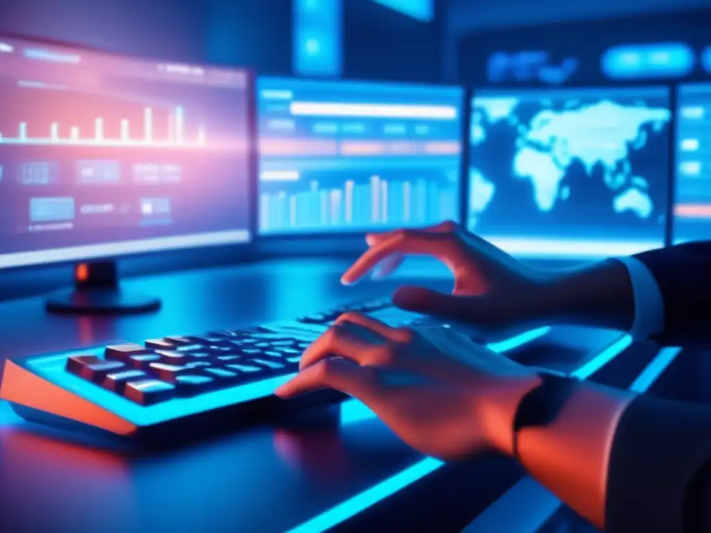 Sala de vigilancia digital futurista - Sala de vigilancia digital futurista con monitores mostrando datos financieros en tiempo real y actividad de cuentas