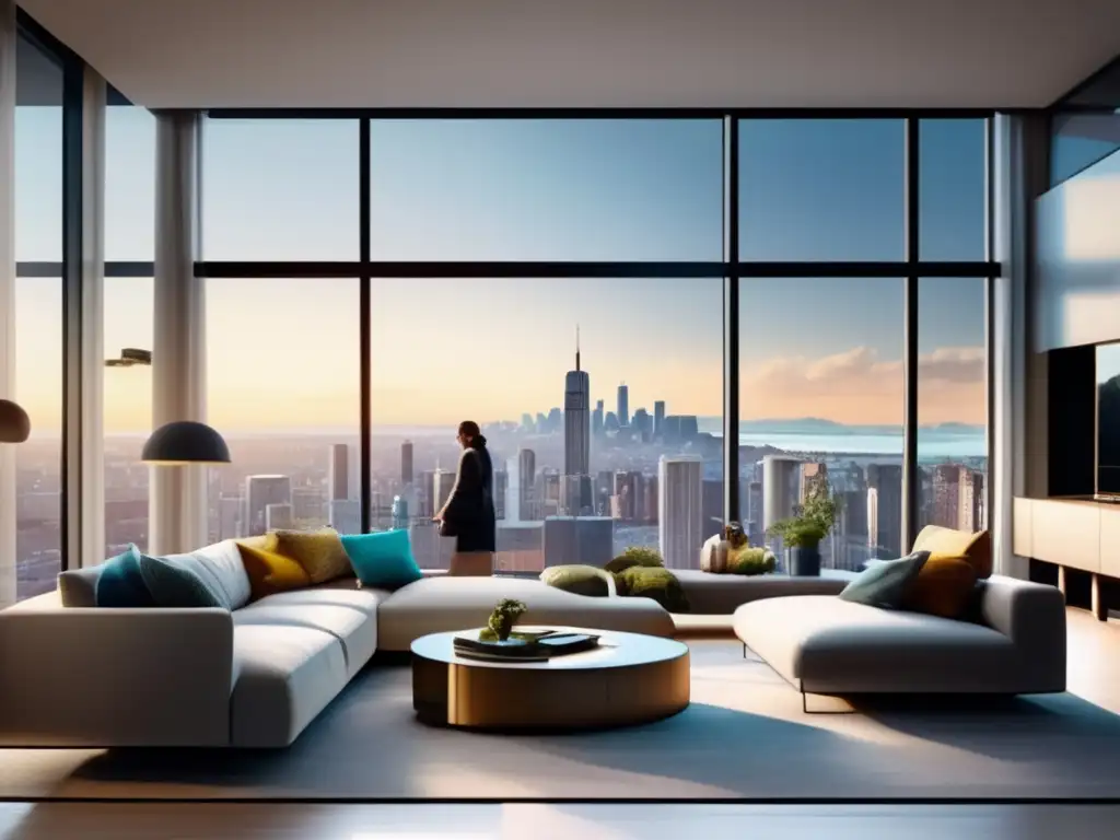 Salón moderno con vista a la ciudad Salón moderno con vistas a la ciudad y discusión sobre planificación fiscal para herencia y inversiones