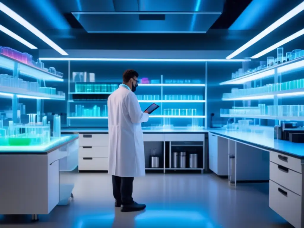 Laboratorio futurista con equipamiento científico de vanguardia Inversión en salud y biotecnología: laboratorio futurista con científico, equipo científico y estanterías con viales coloridos