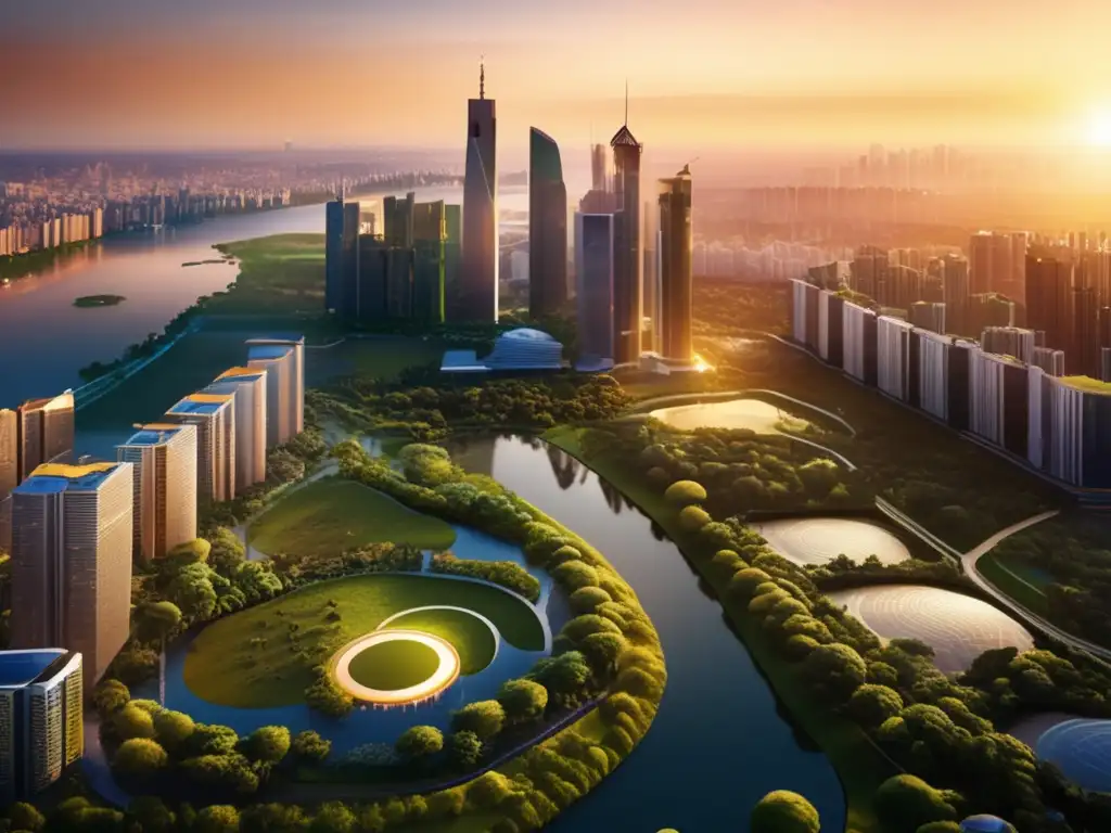 Ciudad vibrante al atardecer con naturaleza integrada Invertir en salud sostenible: Ciudad vibrante y equilibrada con rascacielos, parques y una puesta de sol dorada