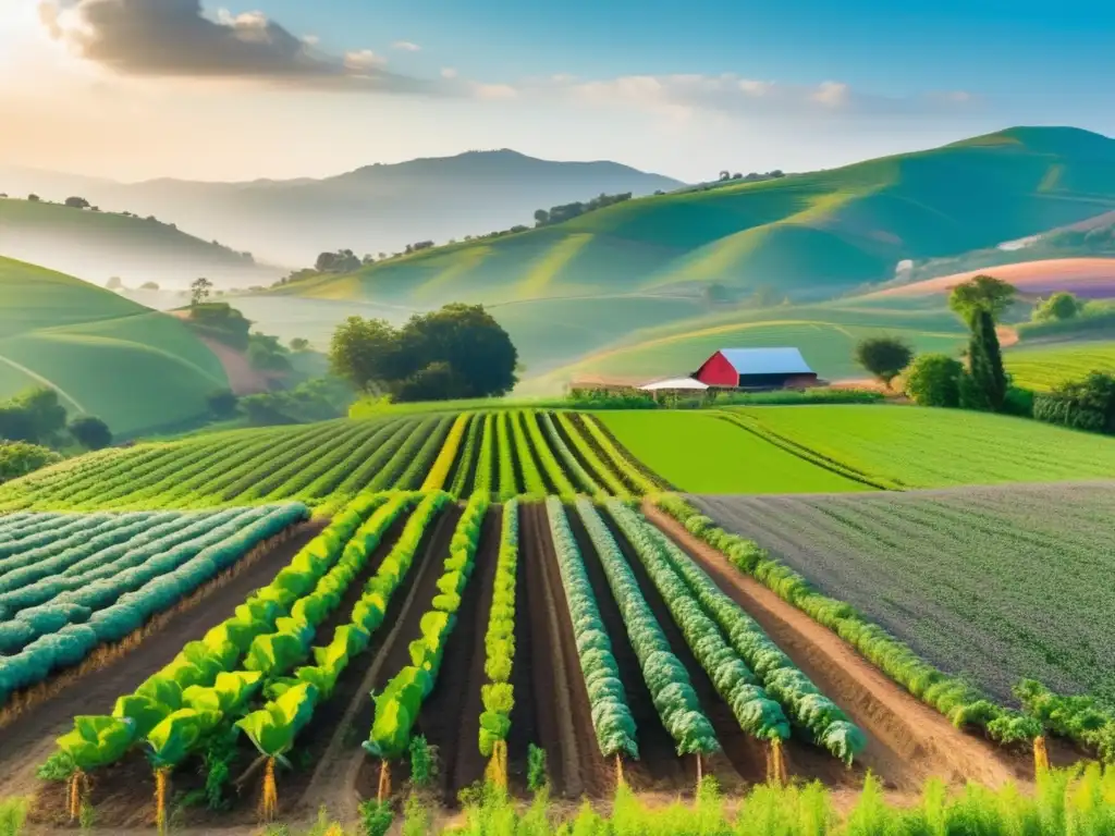 Granja orgánica sostenible rodeada de naturaleza Invertir en salud sostenible: granja orgánica con cultivos diversos, biodiversidad, energía renovable