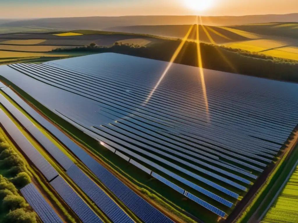 Energía solar sostenible y salud colectiva Invertir en salud sostenible: imagen panorámica de una granja solar con paneles alineados, reflejando compromiso y precisión