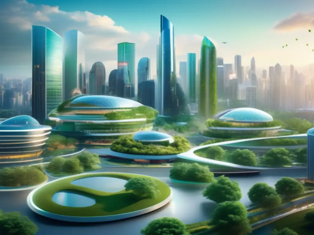Futuro sostenible de la salud Invertir en salud sostenible en una vibrante y futurista ciudad ecoamigable con profesionales colaborando en estrategias de inversión