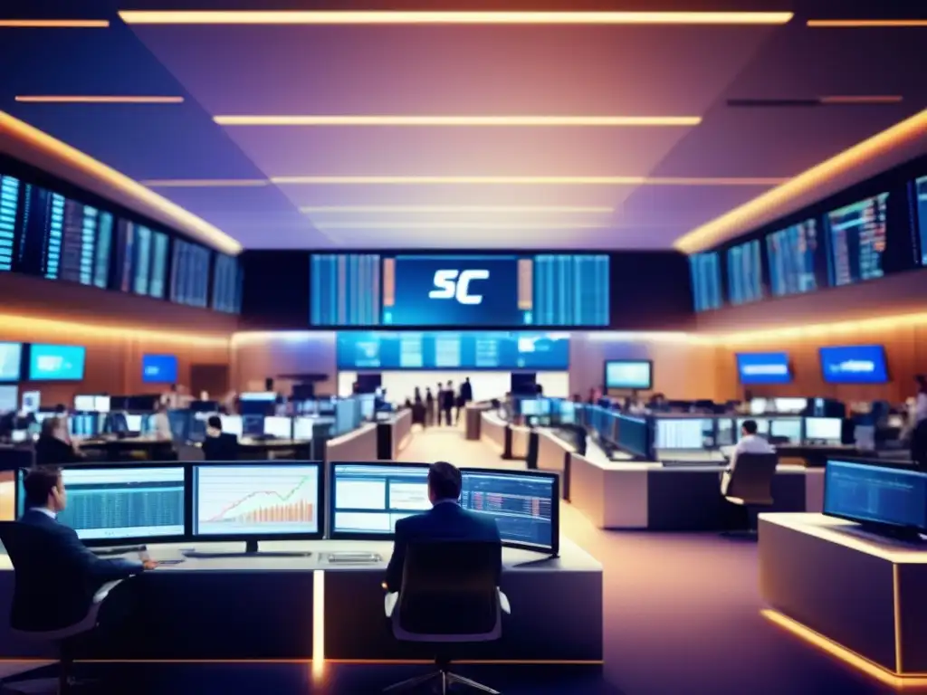 Traders analizando gráficos en una moderna sala de trading Secretos bolsa, entender funcionamiento: Trading floor con traders analizando gráficos y discutiendo