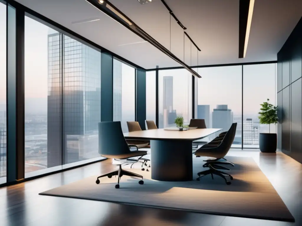 Oficina moderna con luz natural y profesionales negociando Secretos para negociar contrato franquicia: Oficina moderna con ventanas de piso a techo, muebles minimalistas y profesionales discutiendo