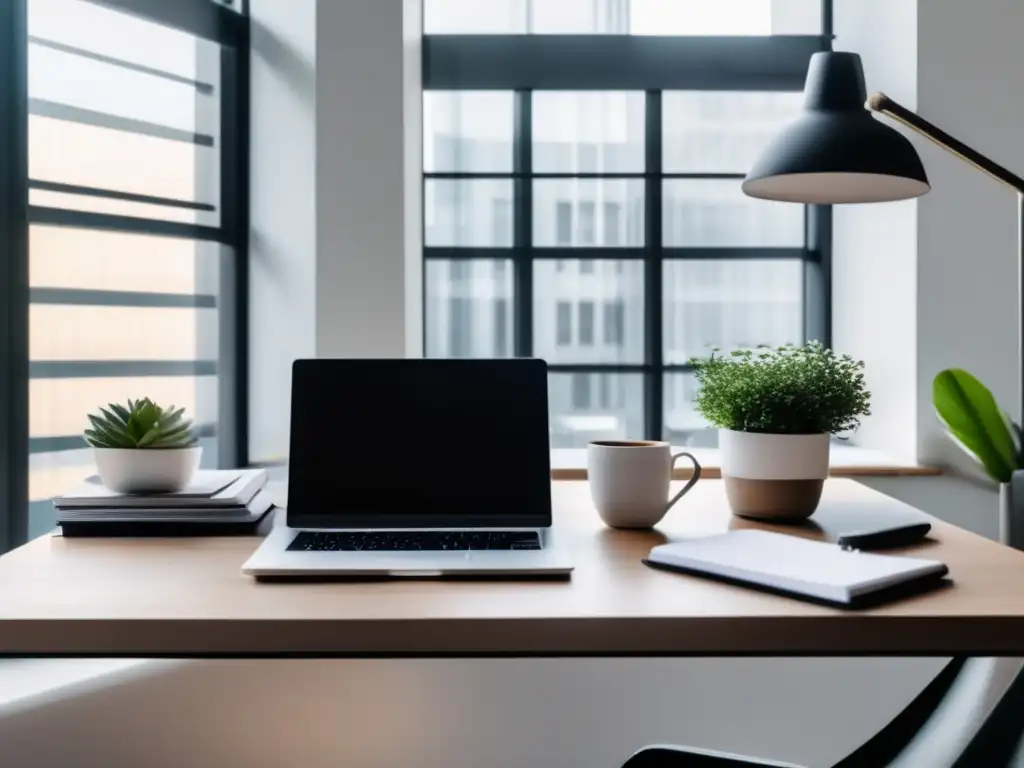 Oficina minimalista con escritorio organizado Secretos de disciplina financiera en una oficina minimalista con laptop, café y reportes ordenados