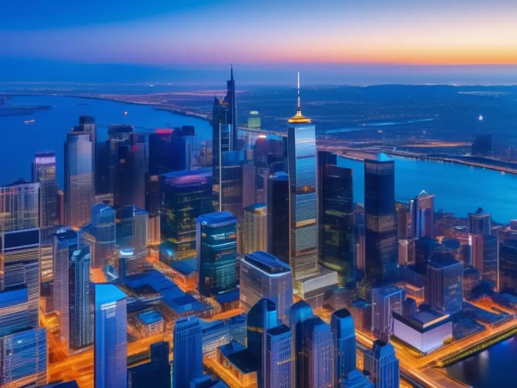 Ciudad moderna al atardecer Secretos inversores propiedades comerciales: Imagen 8k de una ciudad vibrante al atardecer, con rascacielos modernos y luces cautivadoras