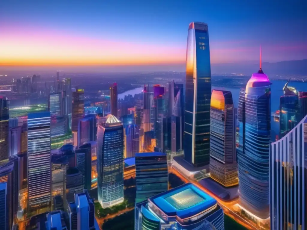 Impresionante ciudad moderna al atardecer Secretos inversores propiedades comerciales: Ciudad moderna al atardecer con rascacielos de cristal iluminados y magnates en primer plano