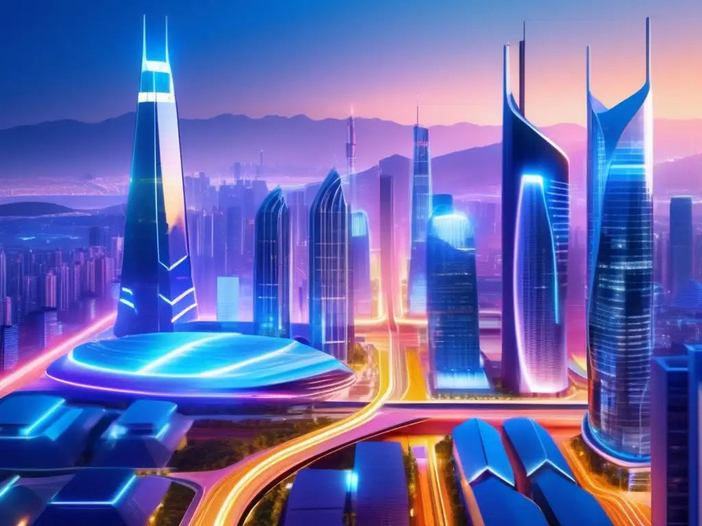 Futuro urbano sostenible con energías renovables Inversión en sector energético a largo plazo: Futurista ciudad con rascacielos de vidrio y acero, iluminados con luces LED energéticamente eficientes