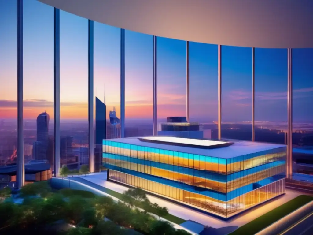 Innovadora instalación médica en ciudad vibrante Invertir en el sector salud: moderna instalación médica en vibrante ciudad al atardecer