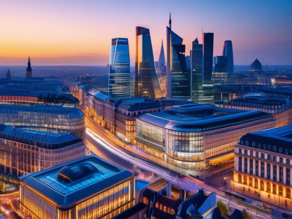 Ciudad europea moderna iluminada al atardecer Sectores europeos de inversión defensiva en una vibrante ciudad al atardecer con modernos rascacielos iluminados