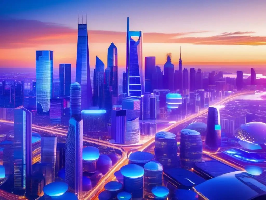 Moderna ciudad al atardecer: tecnología, salud, alimentos Sectores financieros resistentes a la pandemia: ciudad moderna con tecnología, salud, biotecnología, alimentos y commodities