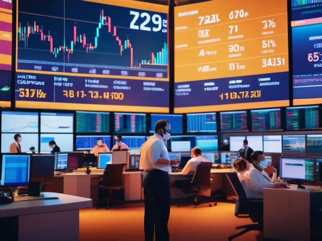 Traders resilientes en la bolsa durante la pandemia Sectores financieros resistentes a la pandemia en vibrante imagen de la bolsa de valores con traders trabajando y arquitectura moderna