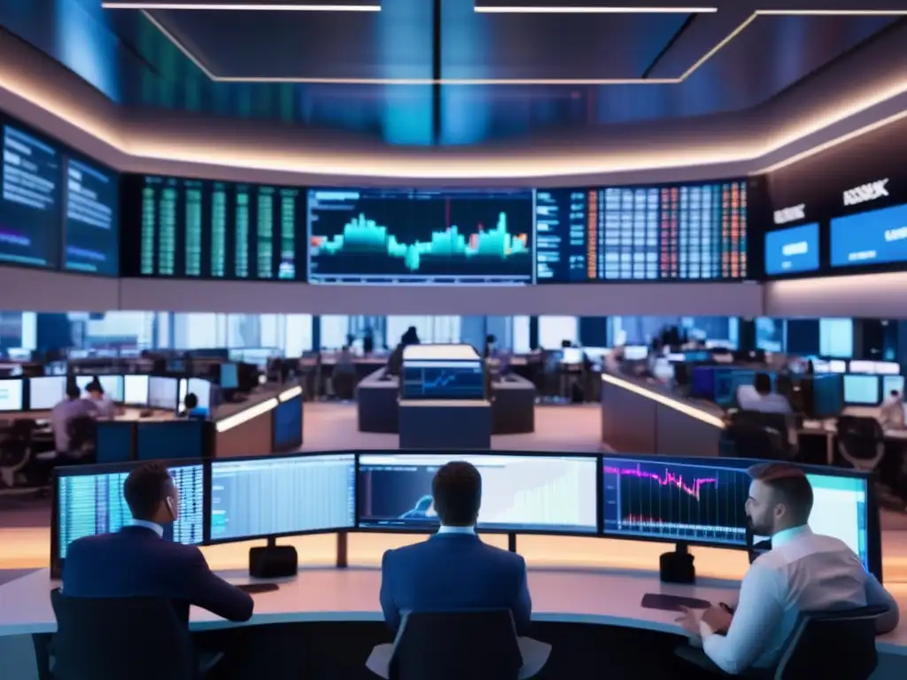 Traders en piso bursátil moderno Sectores liderazgo bolsa 2021: Imagen vibrante de la bolsa de valores, traders analizando gráficos y tomando decisiones en un ambiente dinámico