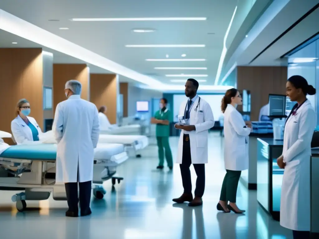 Hospital moderno con personal médico y pacientes Sectores resistentes en inversiones defensivas: Hospital moderno con médicos, enfermeras y tecnología avanzada