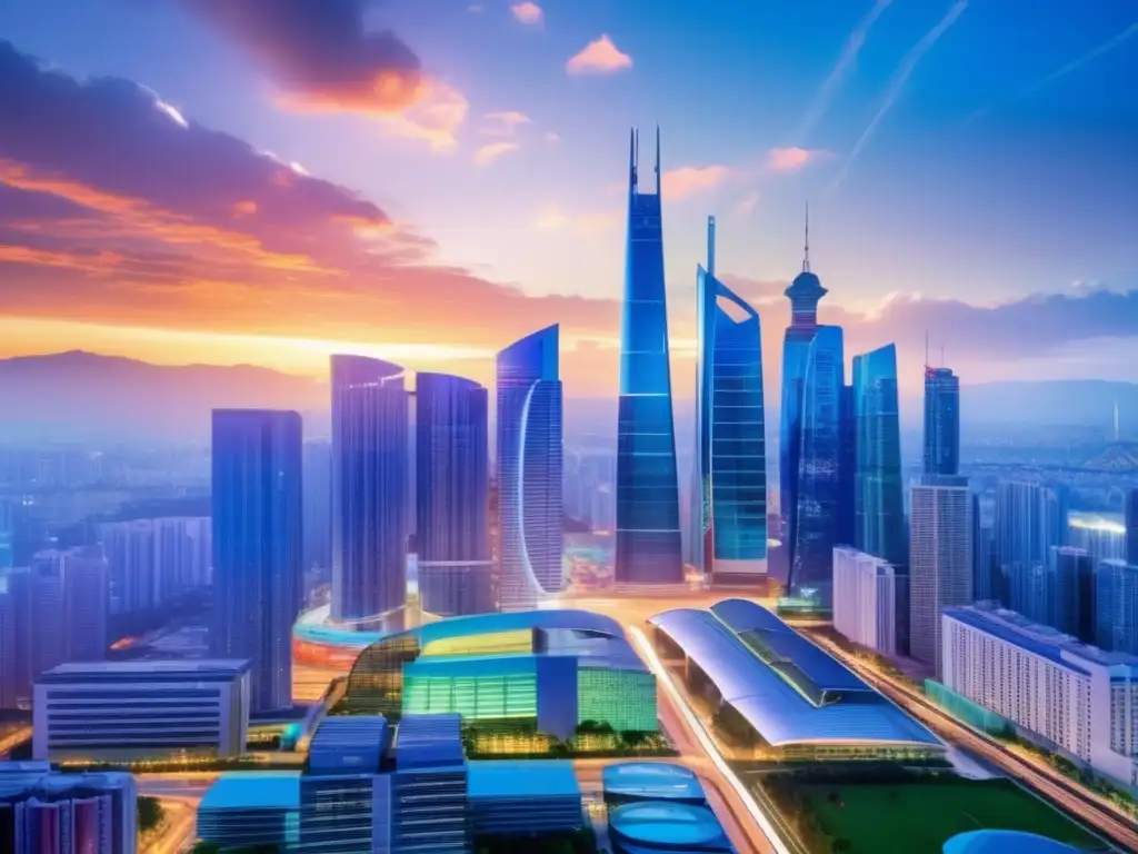 Resiliencia de sectores en crisis Sectores resistentes en inversiones defensivas - Futurista ciudad con rascacielos representando sector salud, servicios públicos y bienes de consumo básico