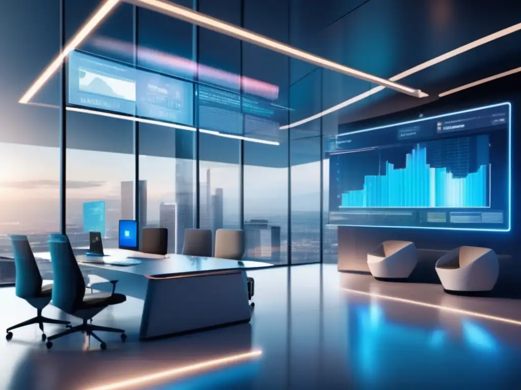 Futuro sistema de seguridad digital en una oficina moderna Seguridad y análisis de inversiones con inteligencia artificial en una oficina futurista