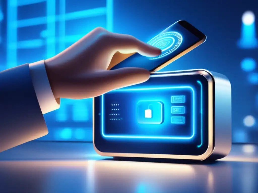 Futuro de la seguridad digital Seguridad carteras digitales: Imagen vanguardista, sofisticada y protegida, con interfaz encriptada y autenticación