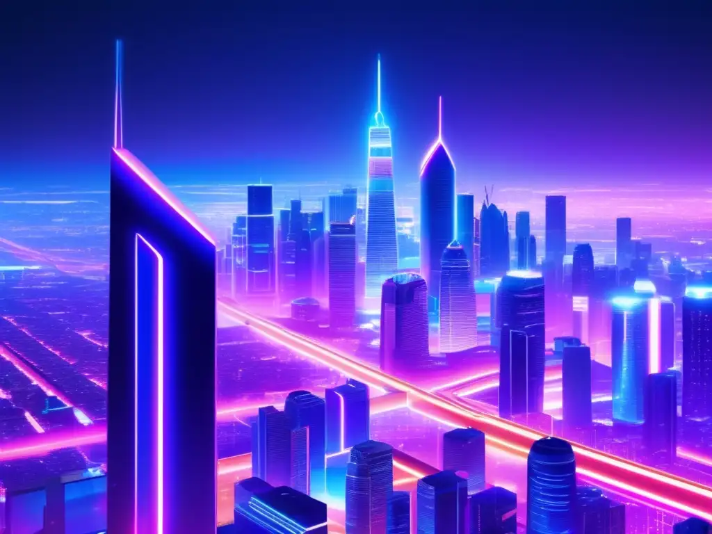 Futurista ciudad nocturna con arquitectura avanzada y ciberseguridad Inversión en seguridad cibernética rentable en una ciudad futurista iluminada por luces de neón