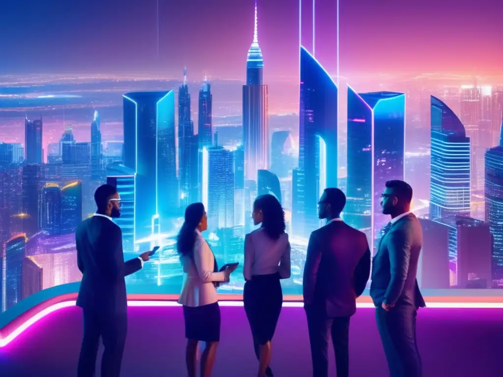 Futuro de ciberseguridad Inversión en seguridad cibernética rentable: Futurista ciudad nocturna con rascacielos iluminados por luces neón, profesionales discutiendo