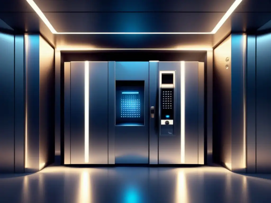 Futuro banco ultramoderno con seguridad avanzada Seguridad financiera en plataformas Fintech, imagen de una caja fuerte moderna y tecnológica con avanzados sistemas de seguridad