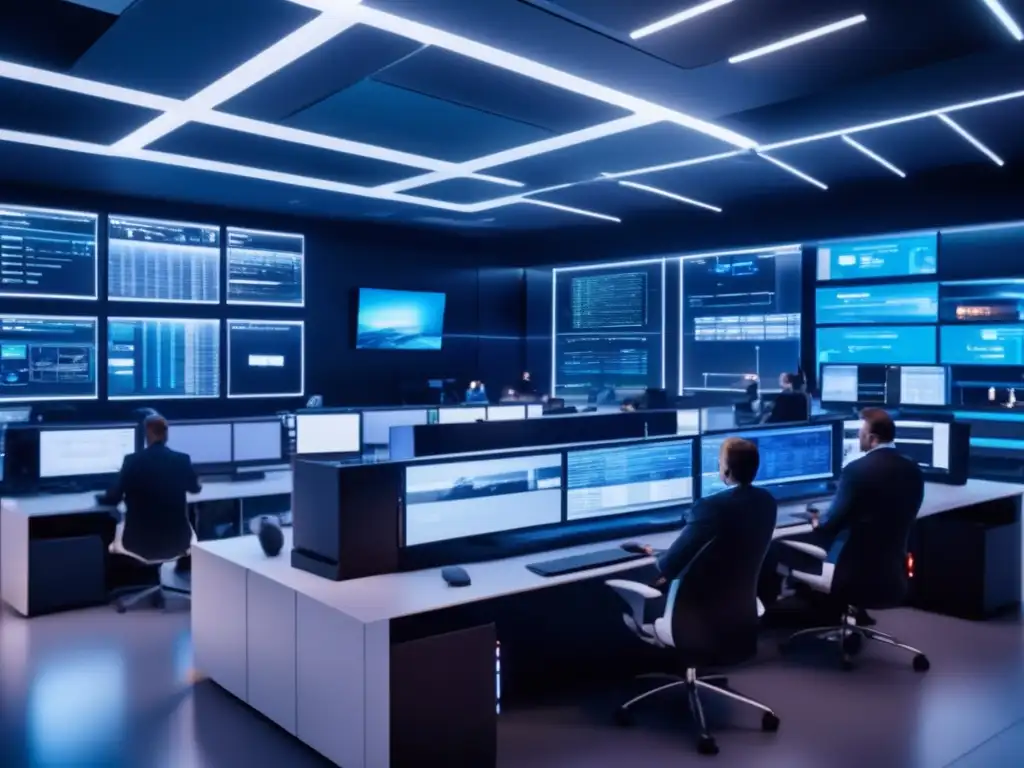 Centro de seguridad de alta tecnología Seguridad hightech, profesionales protegen datos financieros con tecnología de cifrado y firewalls
