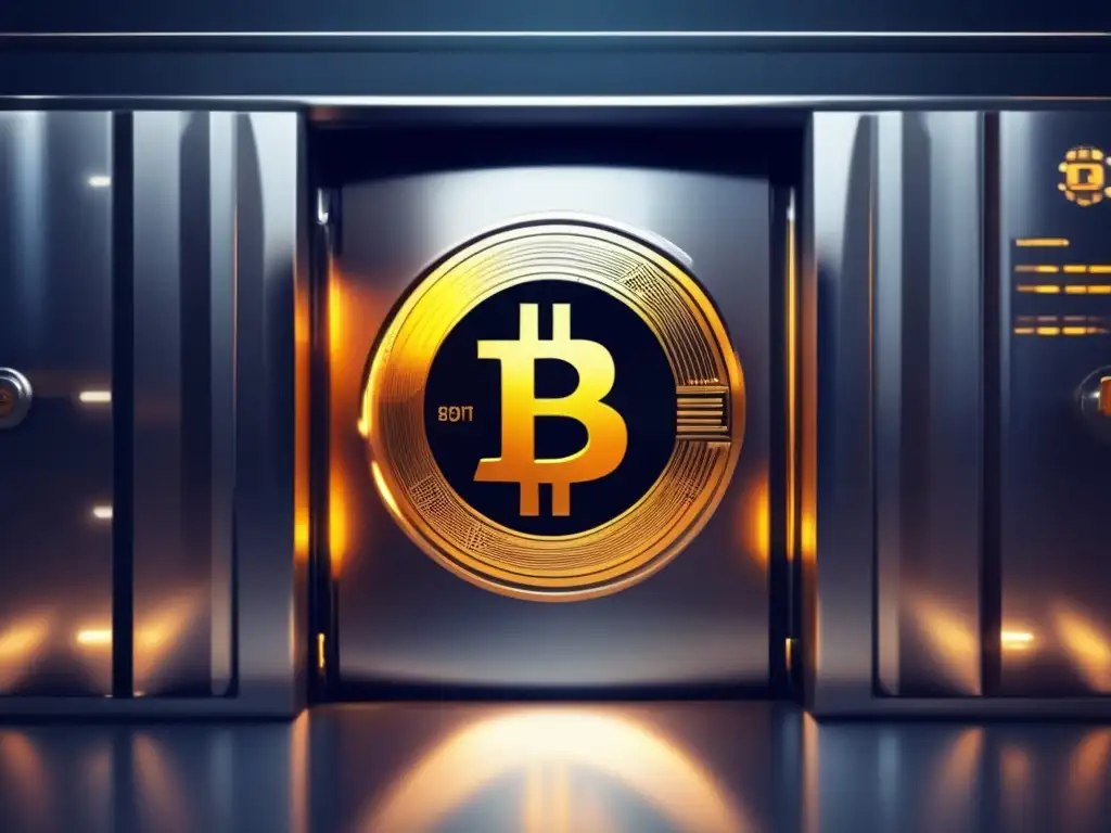 Seguridad avanzada para almacenamiento de Bitcoin Seguridad en inversiones Bitcoin: moderno y futurista vault con avanzados sistemas de seguridad