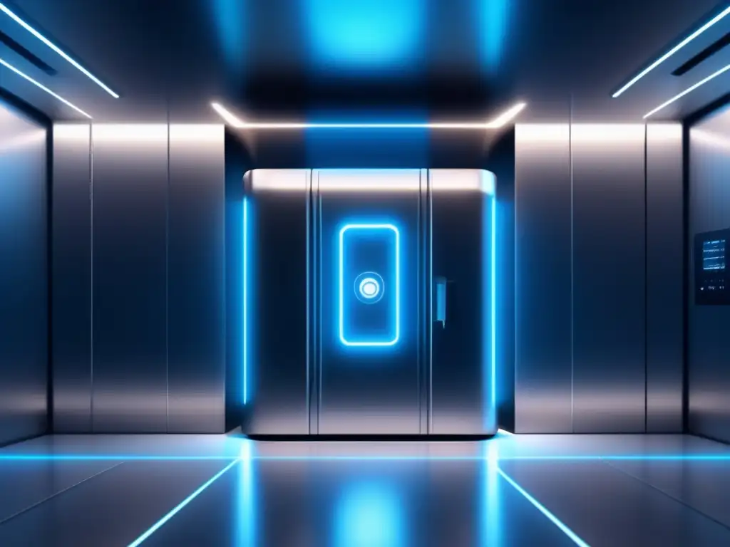Seguridad en inversiones online: Futurista y sofisticada bóveda virtual de alta seguridad con tecnología avanzada y autenticación de dos factores