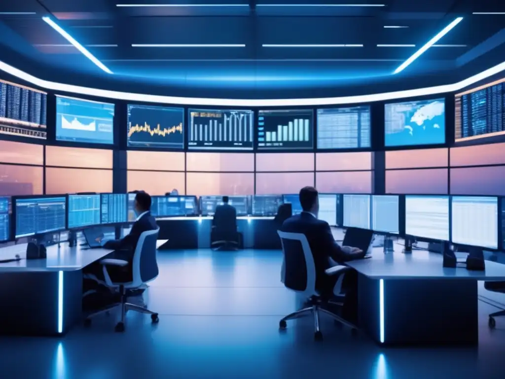 Sala de trading futurista con pantallas de alta tecnología Seguridad en Autotrading: sala futurista de trading con tecnología de vanguardia, traders monitoreando el mercado y medidas de seguridad avanzadas