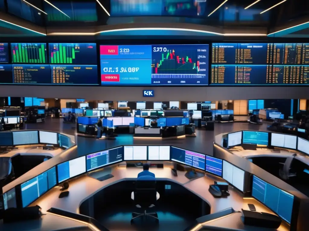 Piso de bolsa moderno y dinámico Señales mercado derivados ganancias: Piso bolsa vibrante con traders enfocados en pantallas de última tecnología
