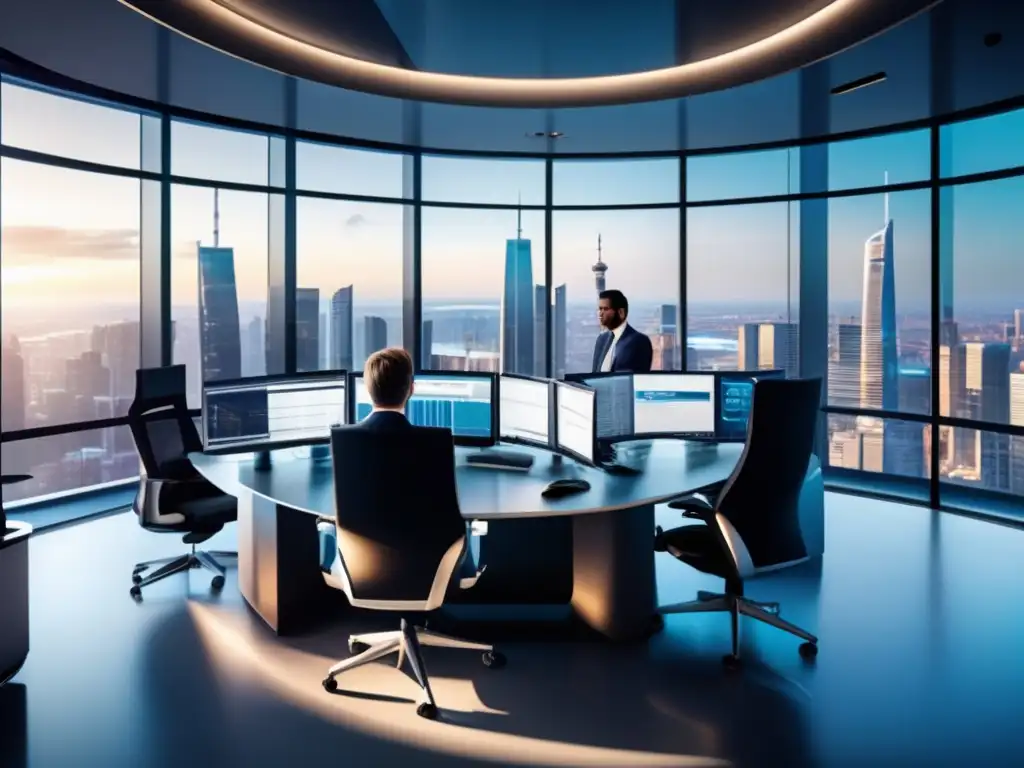 Sala de trading moderna con vista a la ciudad Señales de trading económicas en moderna sala de operaciones