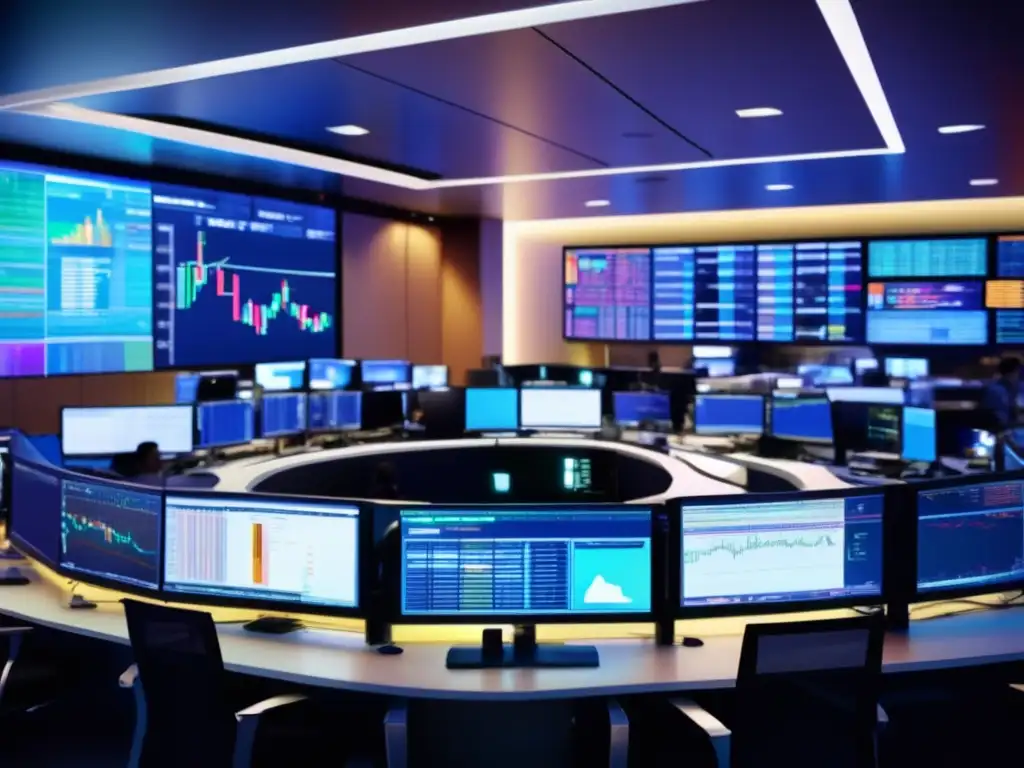 Trading floor moderno y dinámico Señales de trading económicas en un moderno y dinámico piso de operaciones financieras