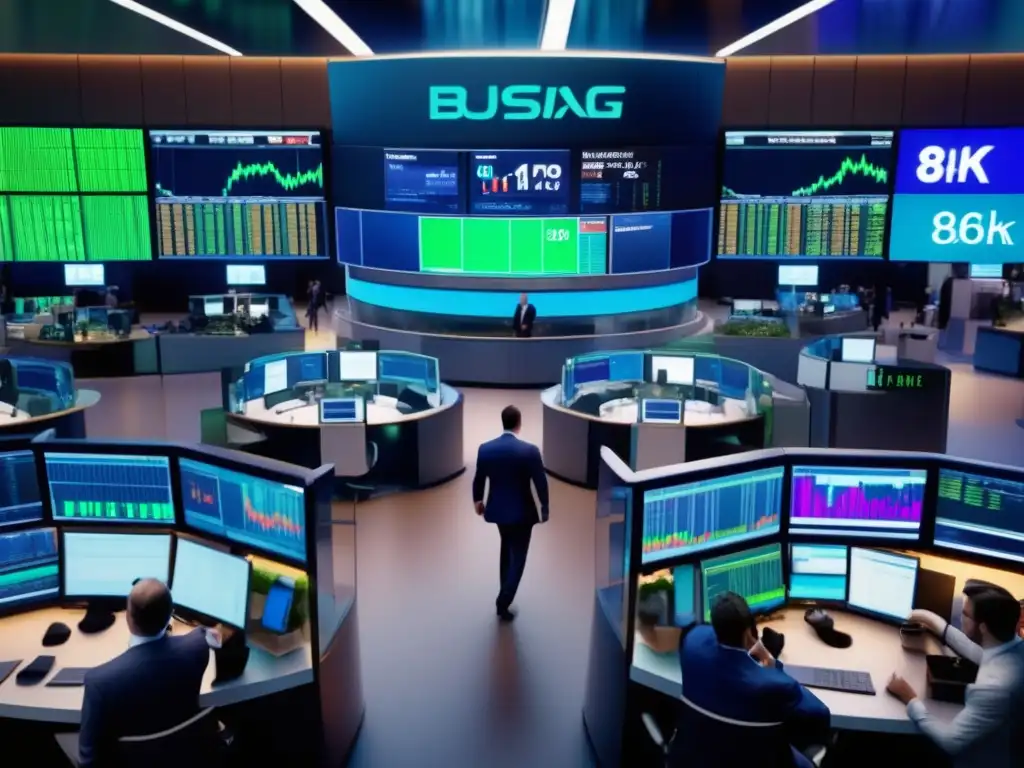 Piso de bolsa de valores moderno y animado Señales de trading económicas en un vibrante mercado de valores