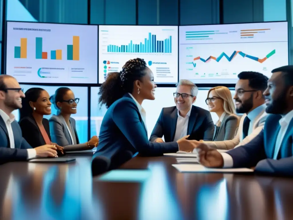 Diversidad y colaboración en la toma de decisiones financieras Sesgo de endogrupo en inversiones: inversores diversos en reunión de trabajo discutiendo decisiones y evitando prejuicios