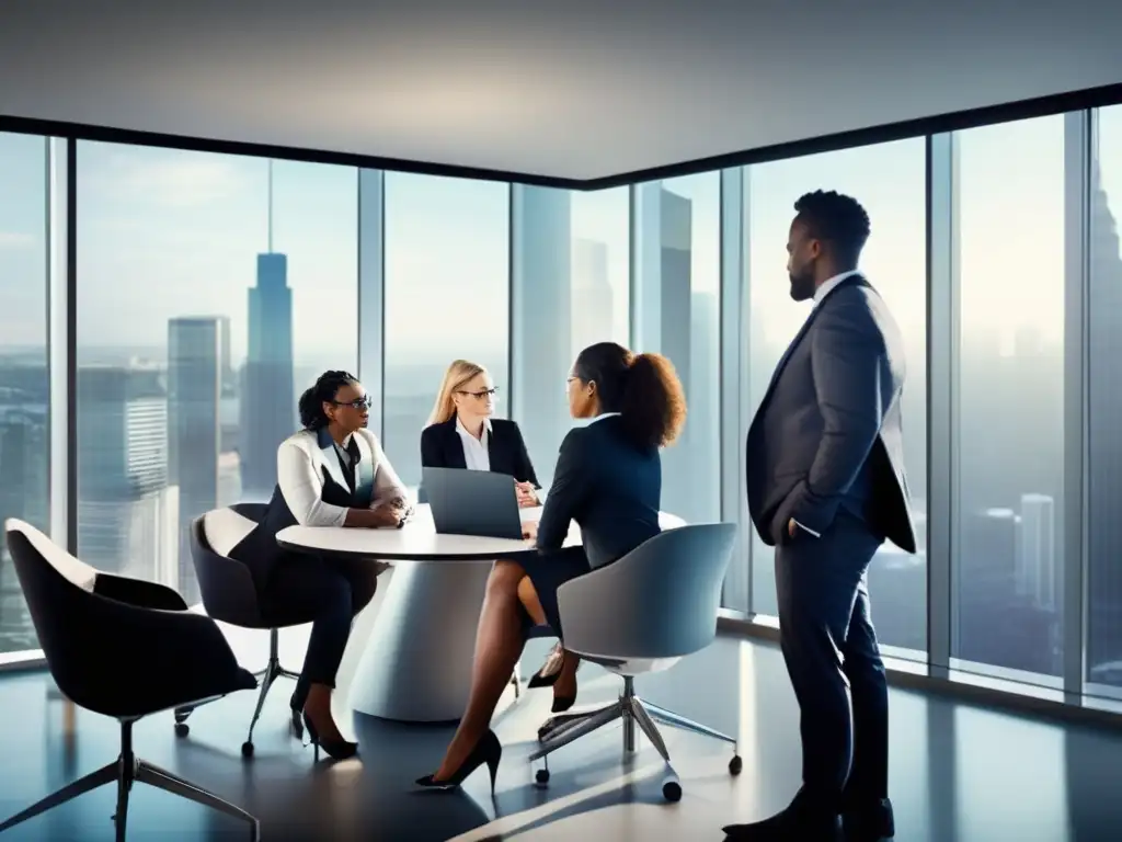 Reunión profesional diversa y colaborativa Sesgo inconsciente en inversiones: profesionales diversificados en una oficina moderna, discutiendo y tomando decisiones informadas