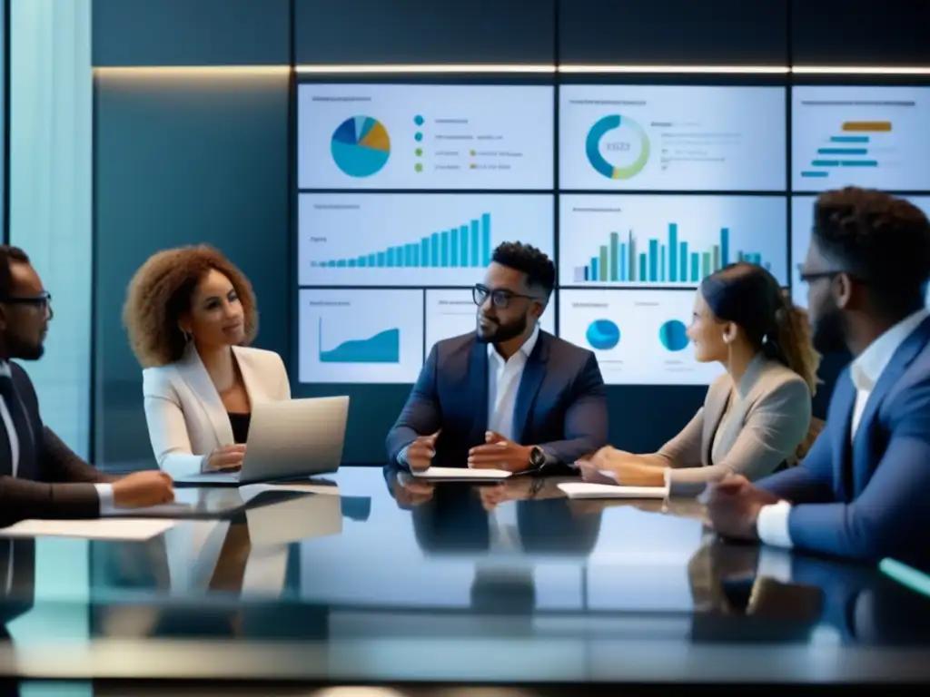 Reunión de negocios inclusiva y profesional Sesgo inconsciente en inversiones: reunión de negocios con profesionales diversos analizando datos financieros y gráficos proyectados