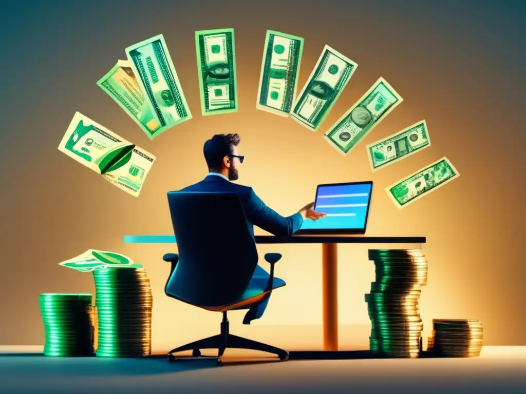Inercia financiera: tentación y riesgos Sesgo de inercia en inversiones: Persona rodeada de dinero, dudando entre opciones de inversión