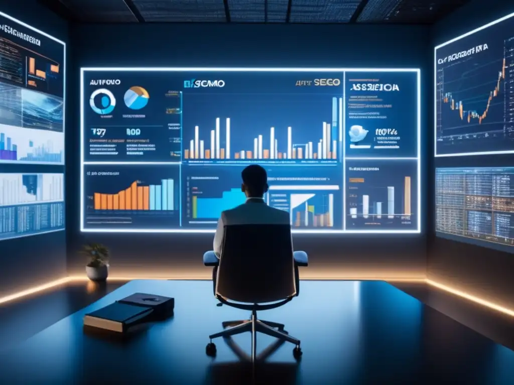 Análisis de inversiones en oficina moderna Sesgo de Autoatribución en Inversiones: Persona analiza datos de inversión en oficina moderna con gráficos proyectados en paredes