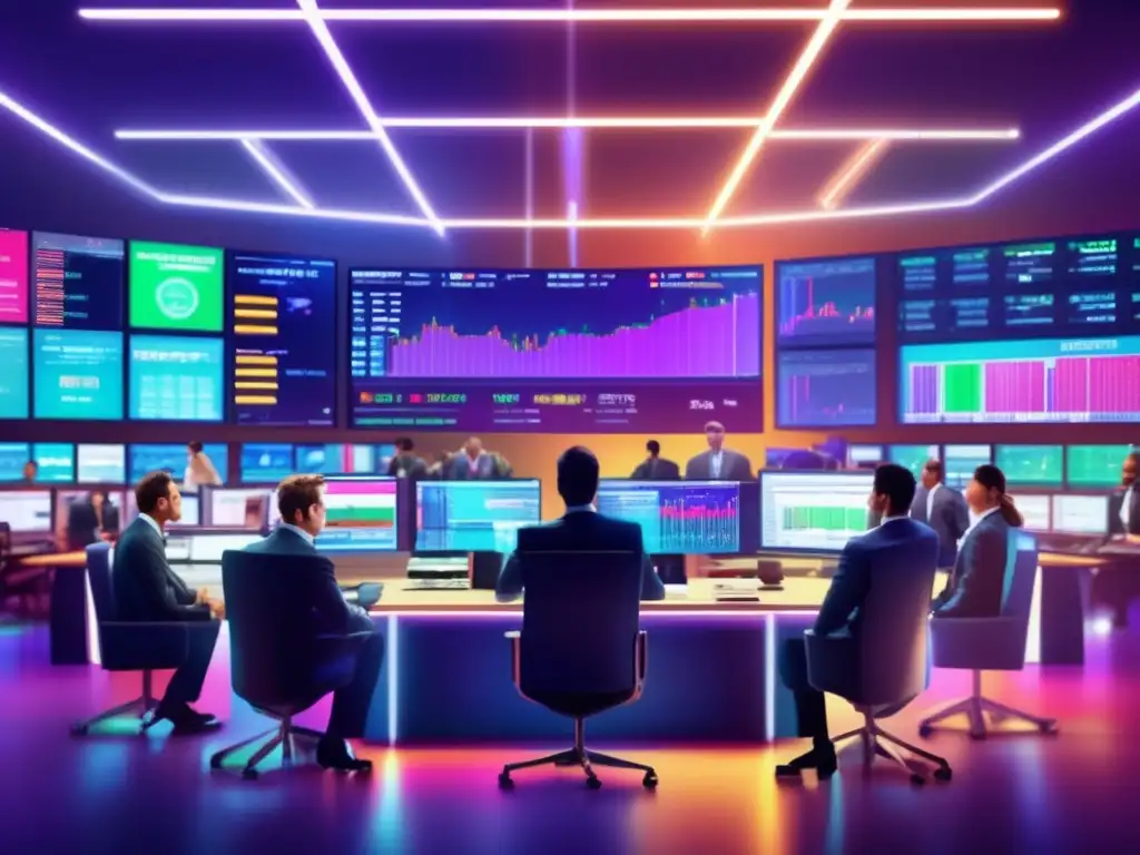 Escena vibrante de mercado financiero Sesgo de sobrevivencia en bolsa: Escena moderna de mercado financiero con traders, monitores de datos en tiempo real y vista panorámica de ciudad futurista