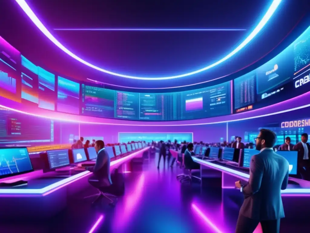 Futuro del trading de criptomonedas Sesgos cognitivos en criptomonedas: Escena futurista de bolsa de valores con traders y tecnología holográfica