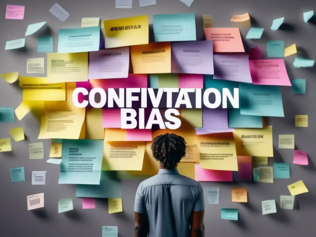 Person surrounded by cognitive biases in colorful sticky notes Sesgos cognitivos en finanzas: persona rodeada de notas adhesivas coloridas que representan diferentes sesgos cognitivos relacionados con finanzas