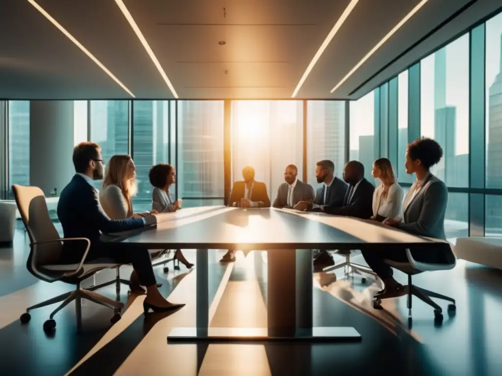 Profesionales diversificados en reunión de oficina Sesgos cognitivos en inversiones: Profesionales diversos discuten en una moderna sala de reuniones, iluminada por luz natural