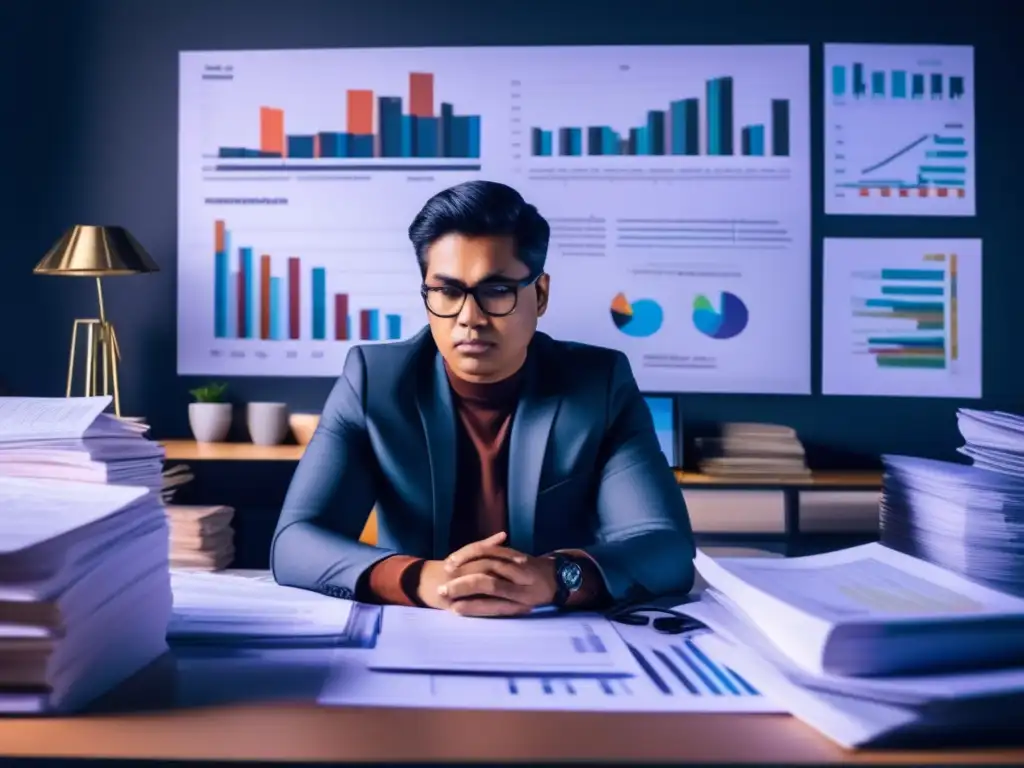 Persona contemplativa en un escritorio financiero Sesgos cognitivos: persona pensando en inversiones financieras