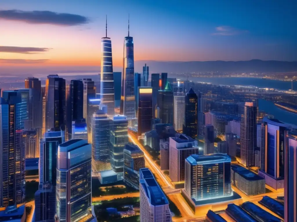 Ciudad moderna con rascacielos iluminados Signos claros para comprar propiedades en una ciudad moderna al atardecer