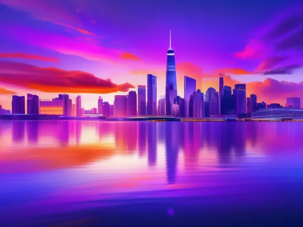 Ciudad moderna en el atardecer Silueta de ciudad al atardecer con rascacielos iluminados