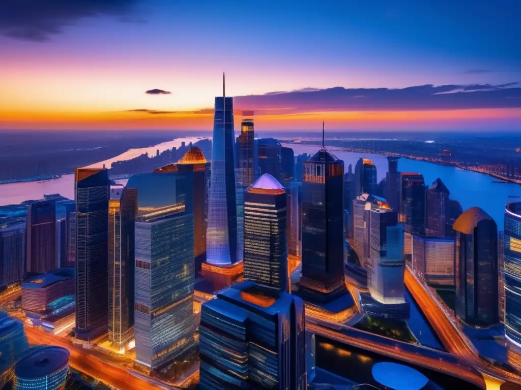 Ciudad vibrante durante atardecer Silueta moderna de la ciudad al atardecer, reflejo del éxito en el mercado inmobiliario y su infraestructura